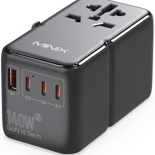 MINIX 140W Universal Travel Adapter, GaN III International Power Adapter, 3 USB-C 1 USB-A Ports, AC Outlet, Worldwide US/UK/EU/AU Travel Charger for Cameras Laptops Tablets Phones and More